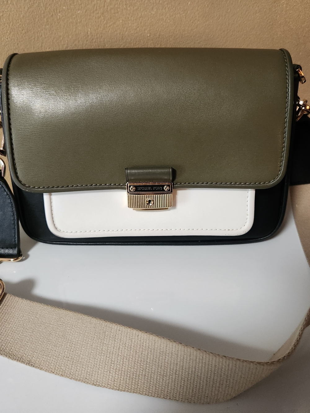 Michael Kors Olive Green and White Crossbody Bag with Gold Hardware